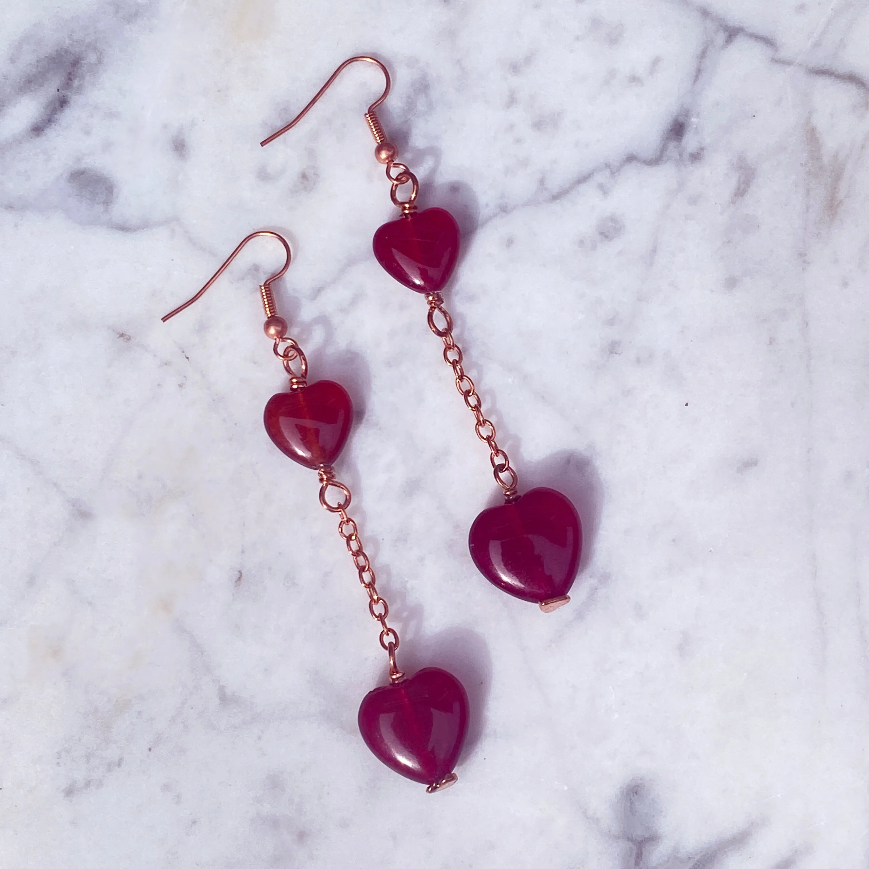 Red Jade Heart and Copper Dangle Earrings