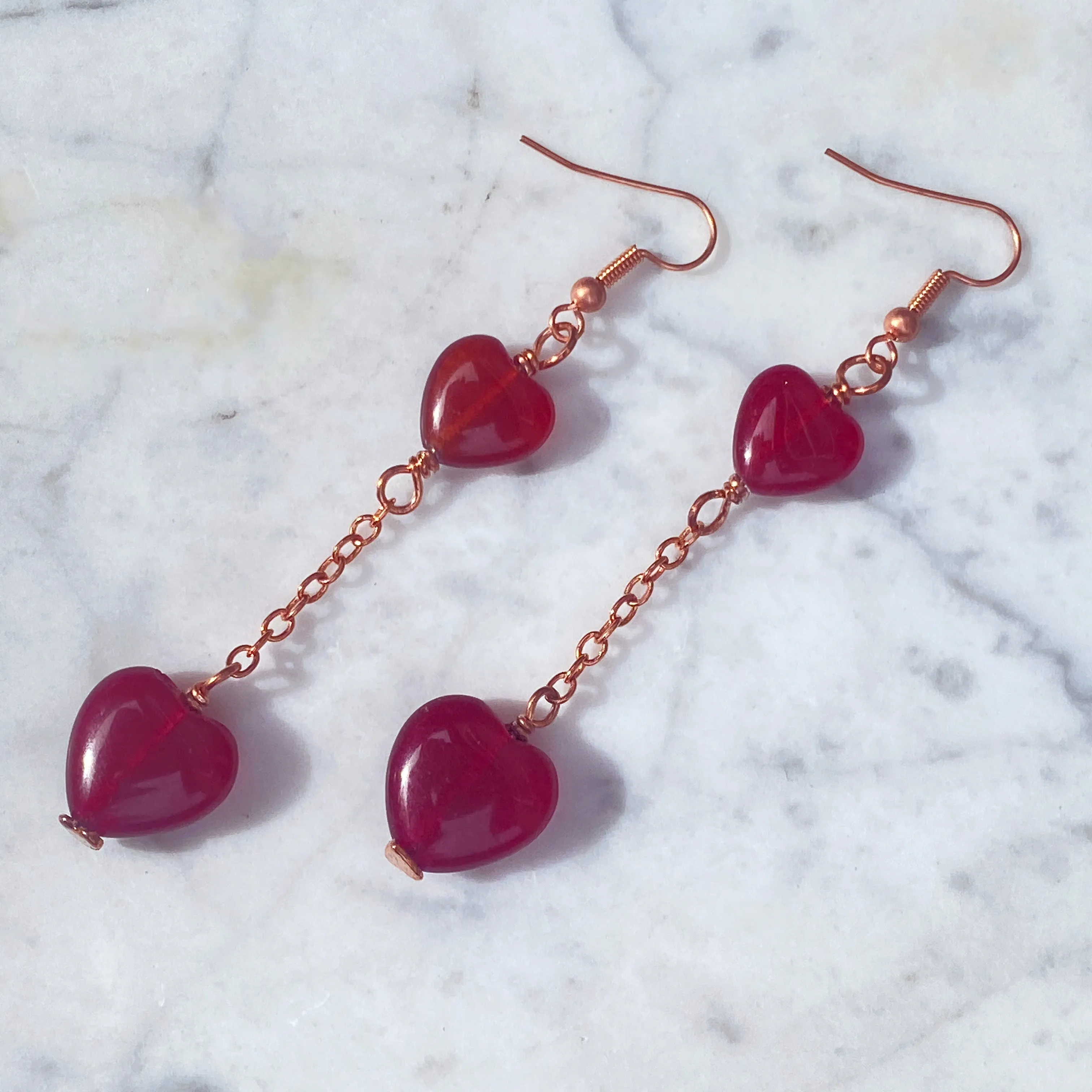 Red Jade Heart and Copper Dangle Earrings