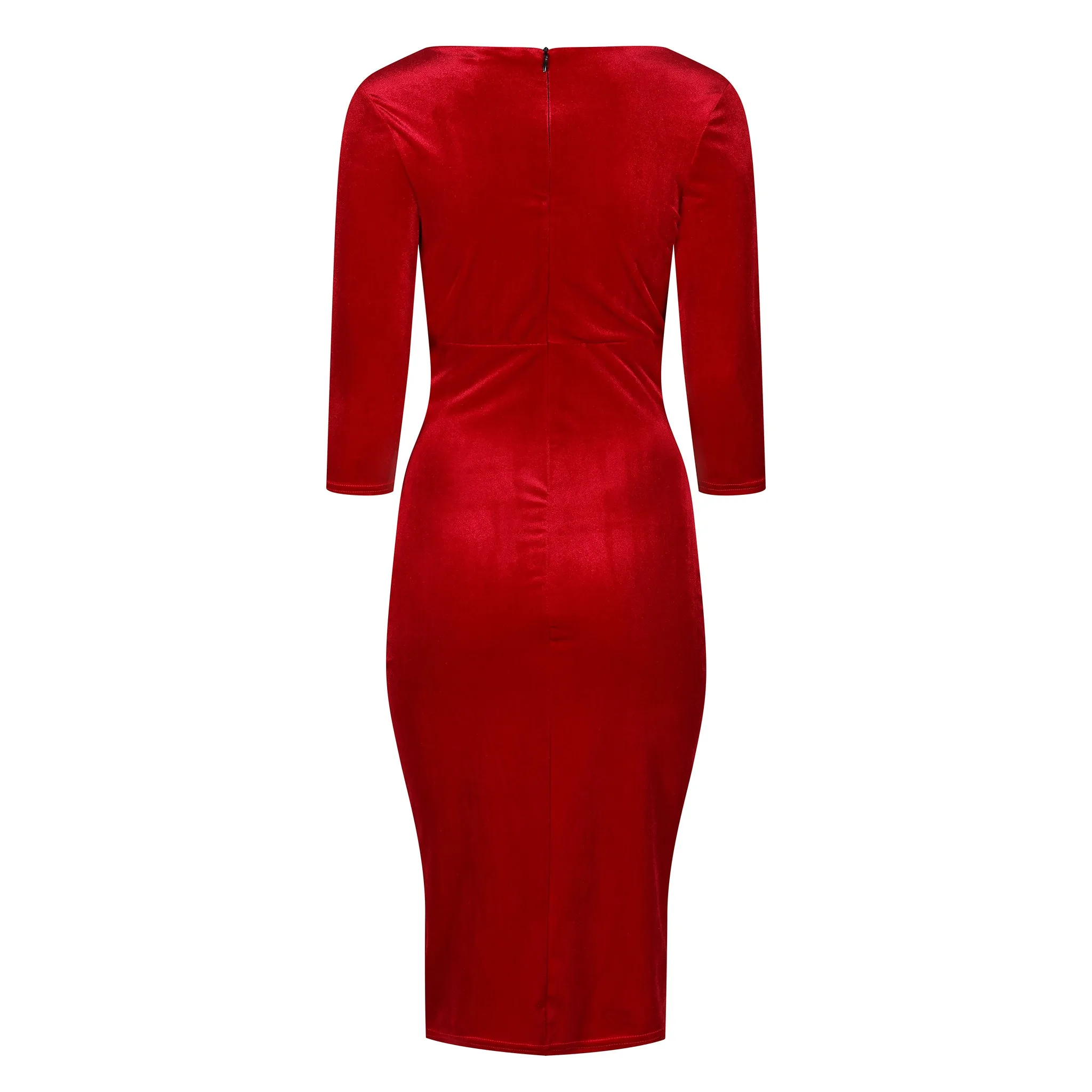 Red Velour Boatneck 3/4 Sleeve Bodycon Gathered Waist Wiggle Dress