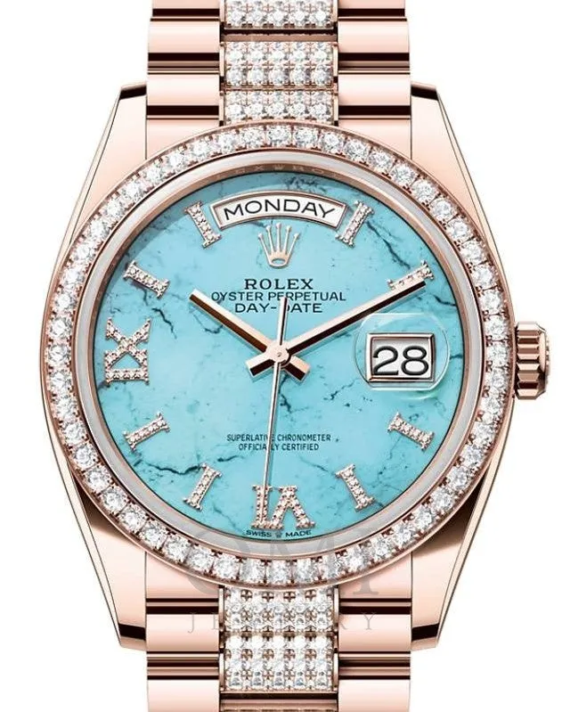 ROLEX DAY-DATE 36 PRESIDENT ROSE GOLD TIFFANY TURQUOISE DIAL DIAMOND BEZEL & BRACELET 128345RBR WITH ROSE GOLD OYSTER SEMI DIAMONDS BRACELET