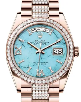 ROLEX DAY-DATE 36 PRESIDENT ROSE GOLD TIFFANY TURQUOISE DIAL DIAMOND BEZEL & BRACELET 128345RBR WITH ROSE GOLD OYSTER SEMI DIAMONDS BRACELET