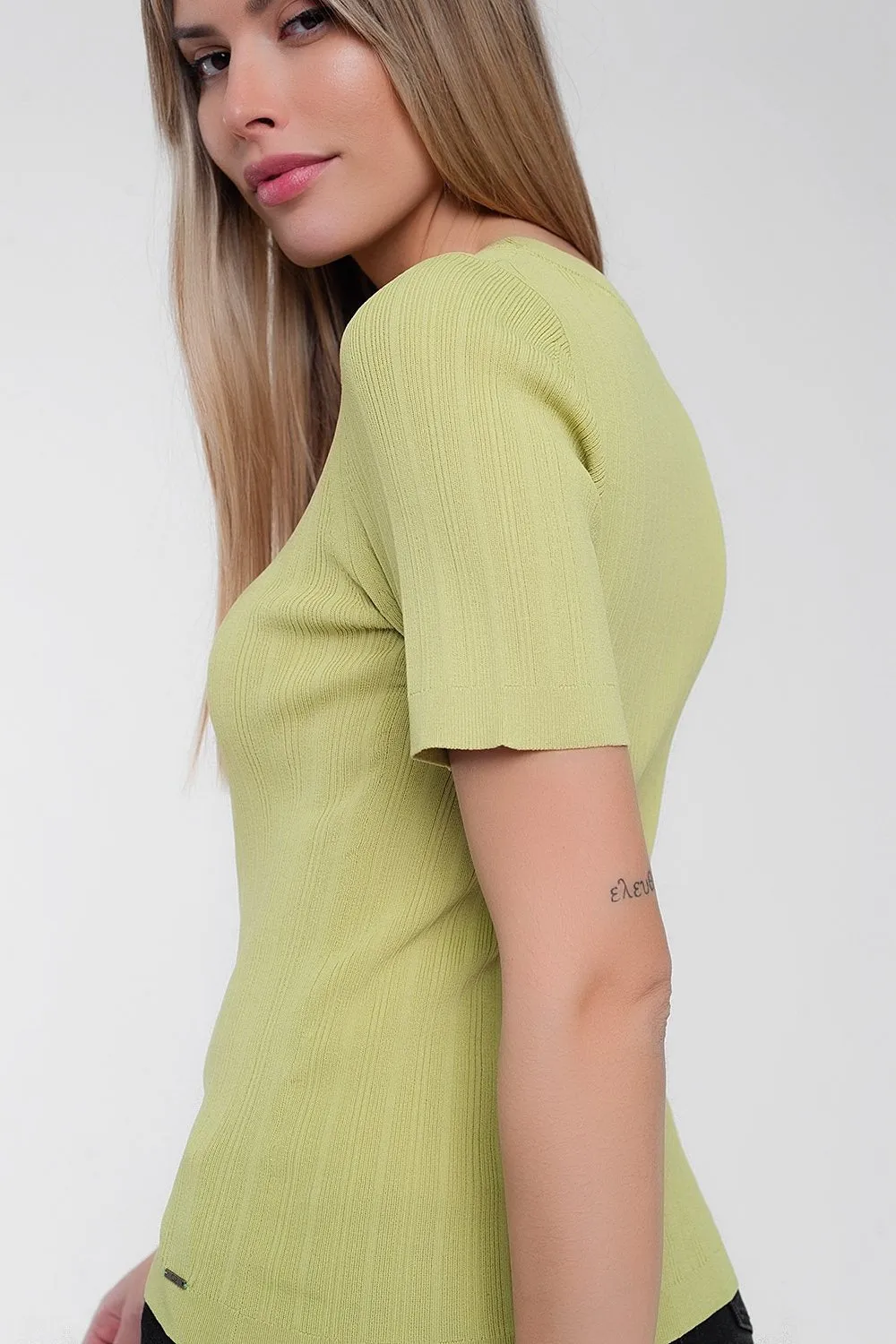 Scoop Neck Jumper with Short Sleeve in Green