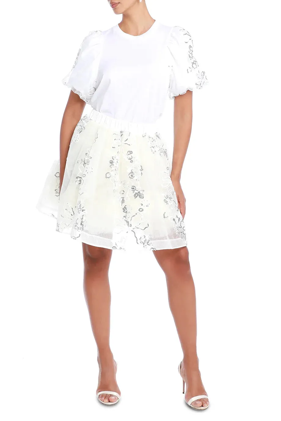 Sequin Tulle Puff Sleeve A-Line T-Shirt