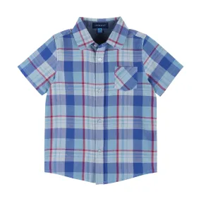 Short Sleeve Plaid Button-Up | Red & Blue