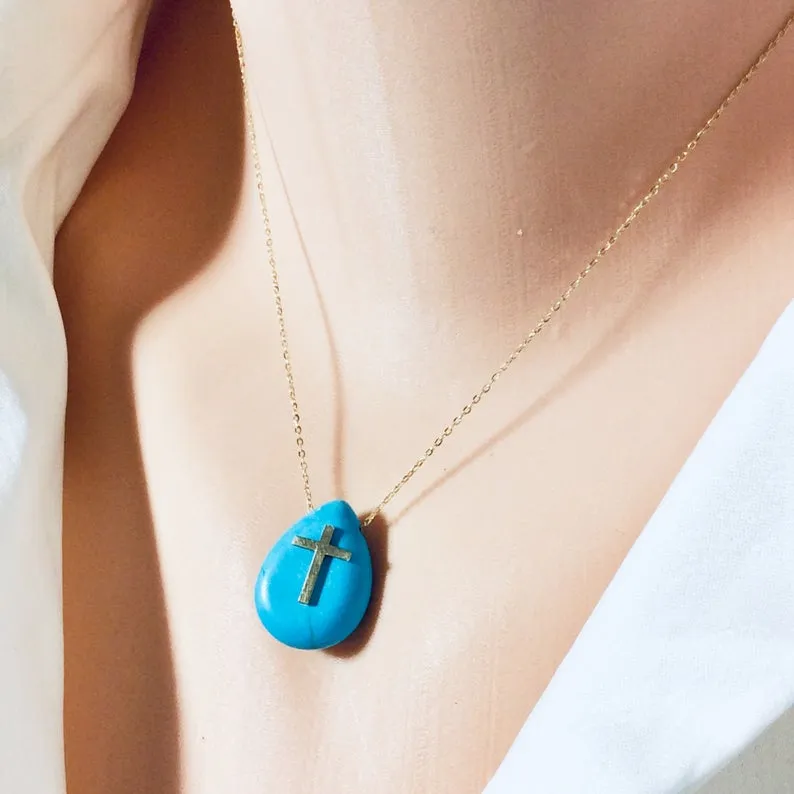 Solid Gold 18K Turquoise Pendant Solid Gold Cross Pendant & Chain 16 or 18Inches Long