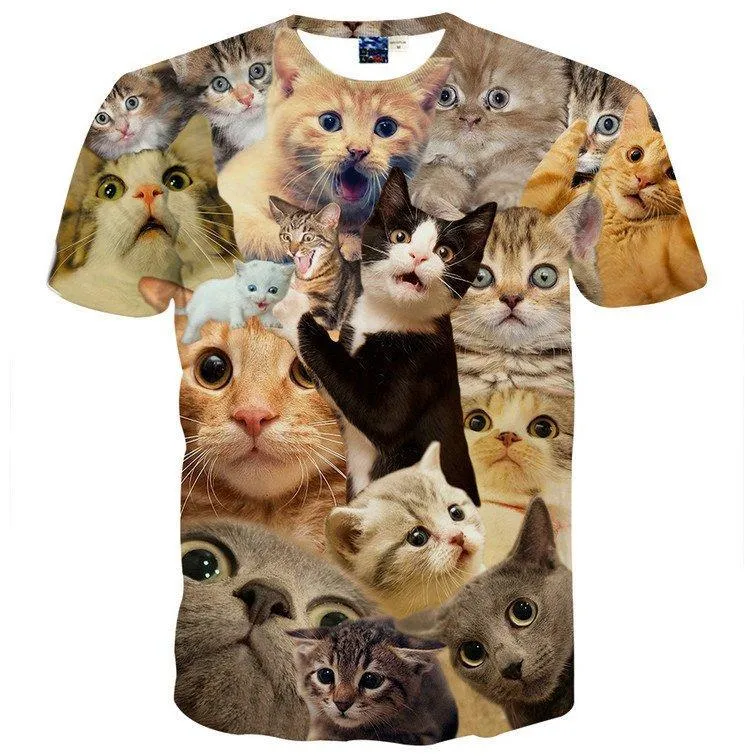 Surprised Kitty Cat Collage Photo Print Graphic Tee T-Shirt for Women