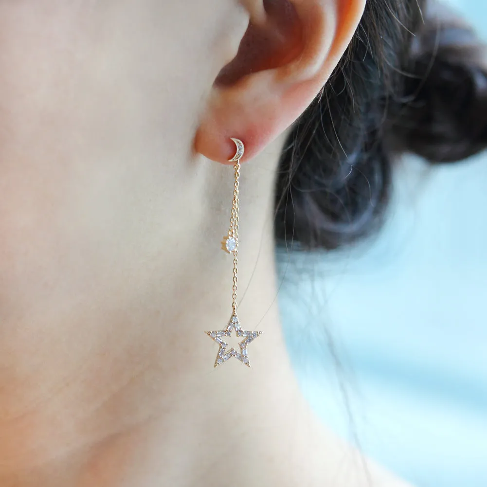 Tapered Baguette CZ Crescent Moon and Star Drop Earrings