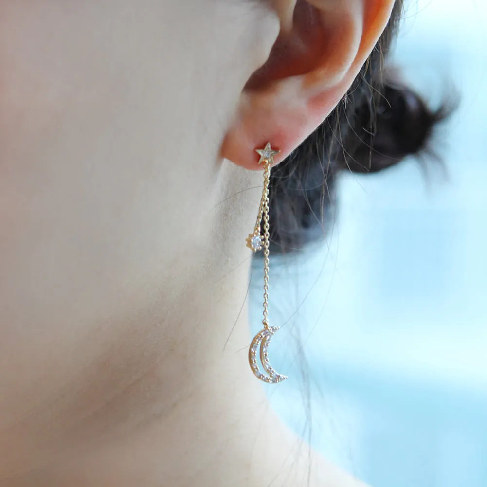 Tapered Baguette CZ Crescent Moon and Star Drop Earrings