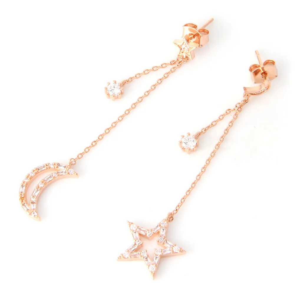 Tapered Baguette CZ Crescent Moon and Star Drop Earrings