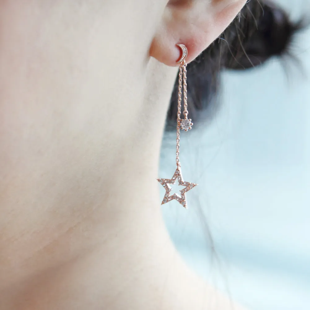 Tapered Baguette CZ Crescent Moon and Star Drop Earrings