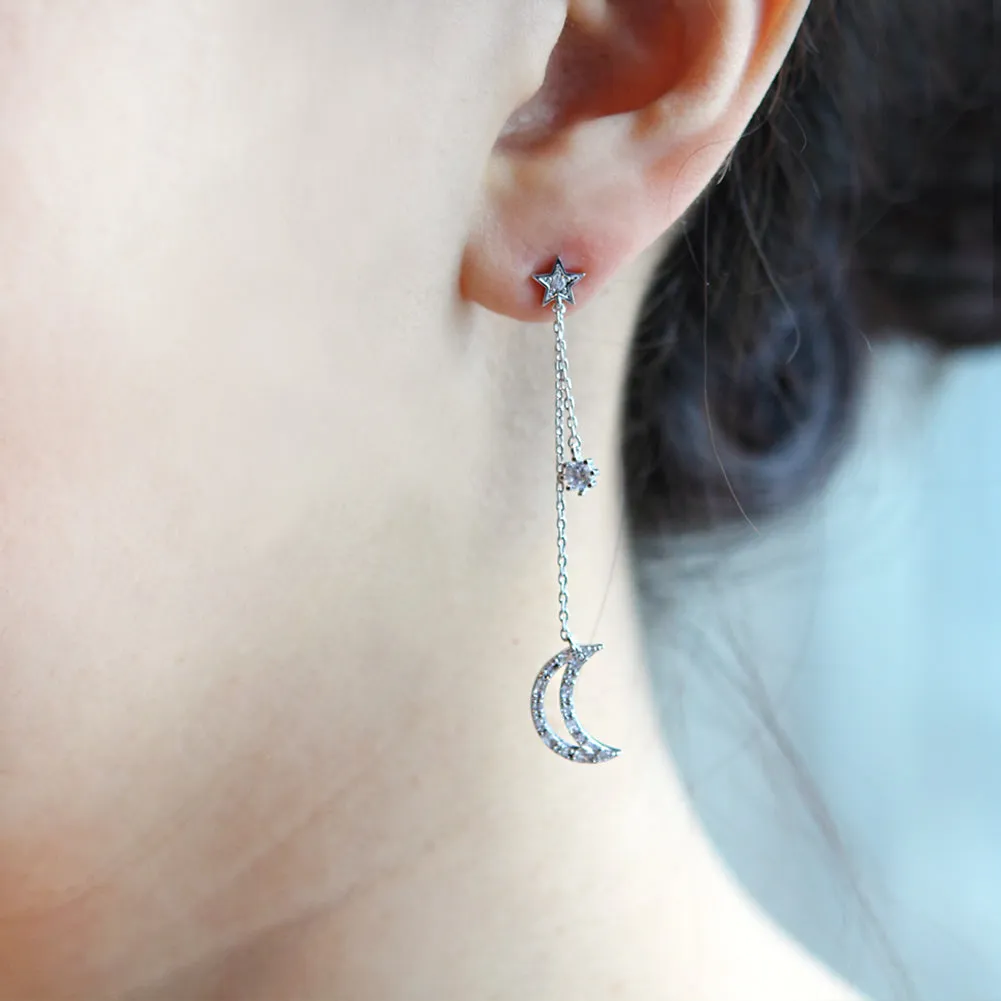 Tapered Baguette CZ Crescent Moon and Star Drop Earrings