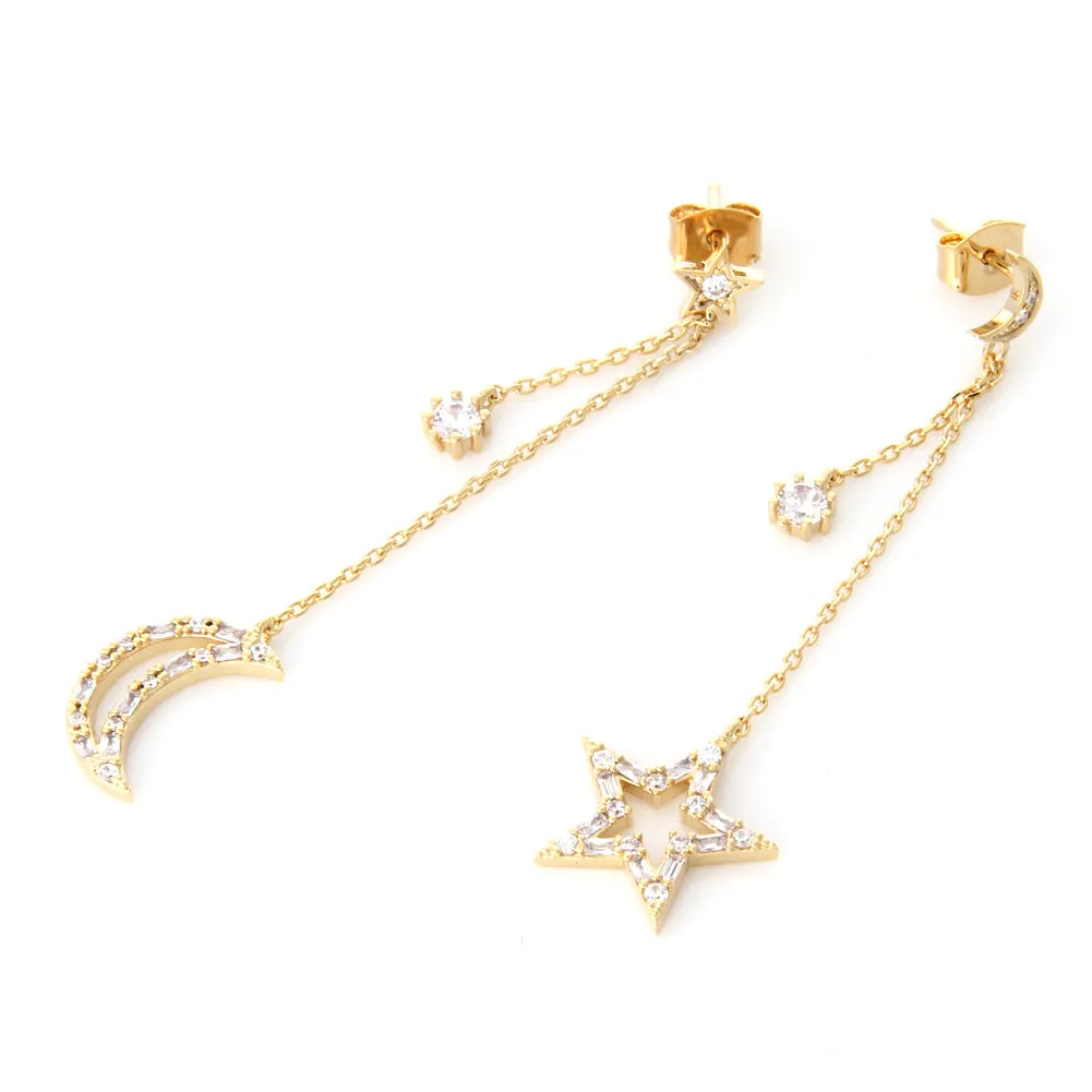 Tapered Baguette CZ Crescent Moon and Star Drop Earrings