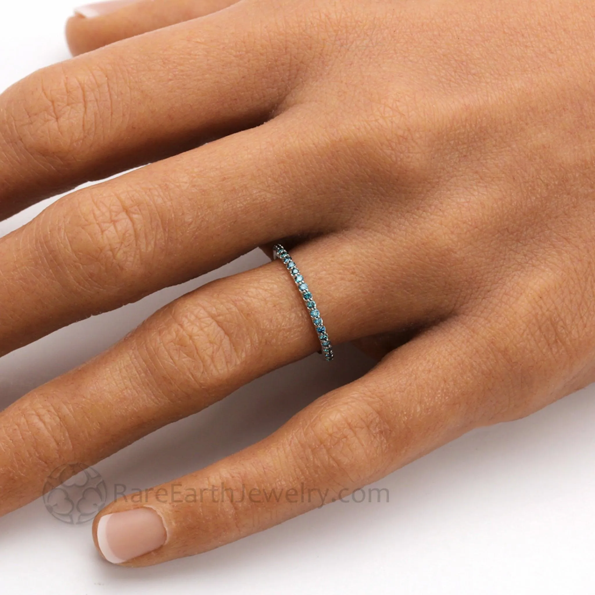 Thin Teal Blue Pave Diamond Band Wedding Ring Stackable