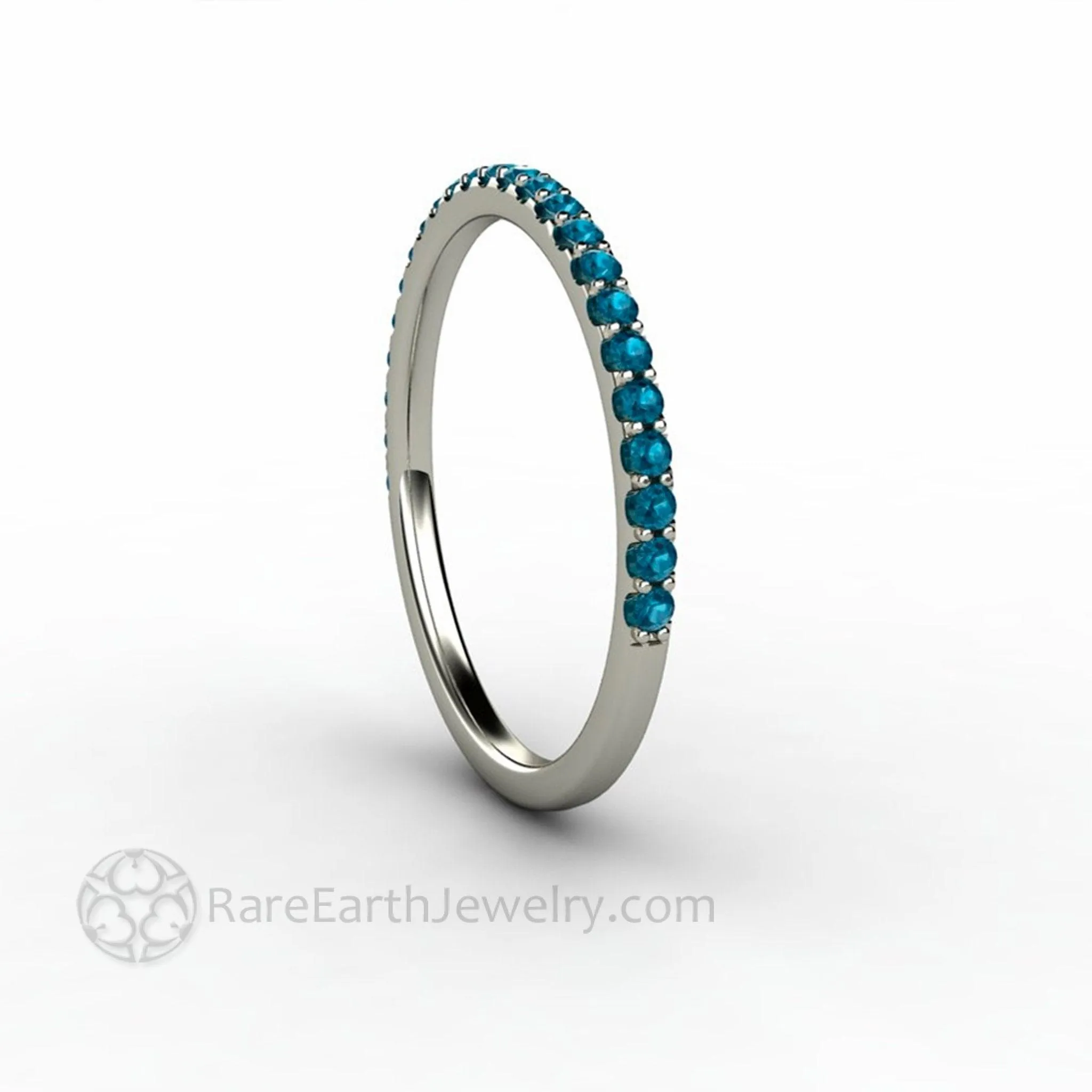 Thin Teal Blue Pave Diamond Band Wedding Ring Stackable