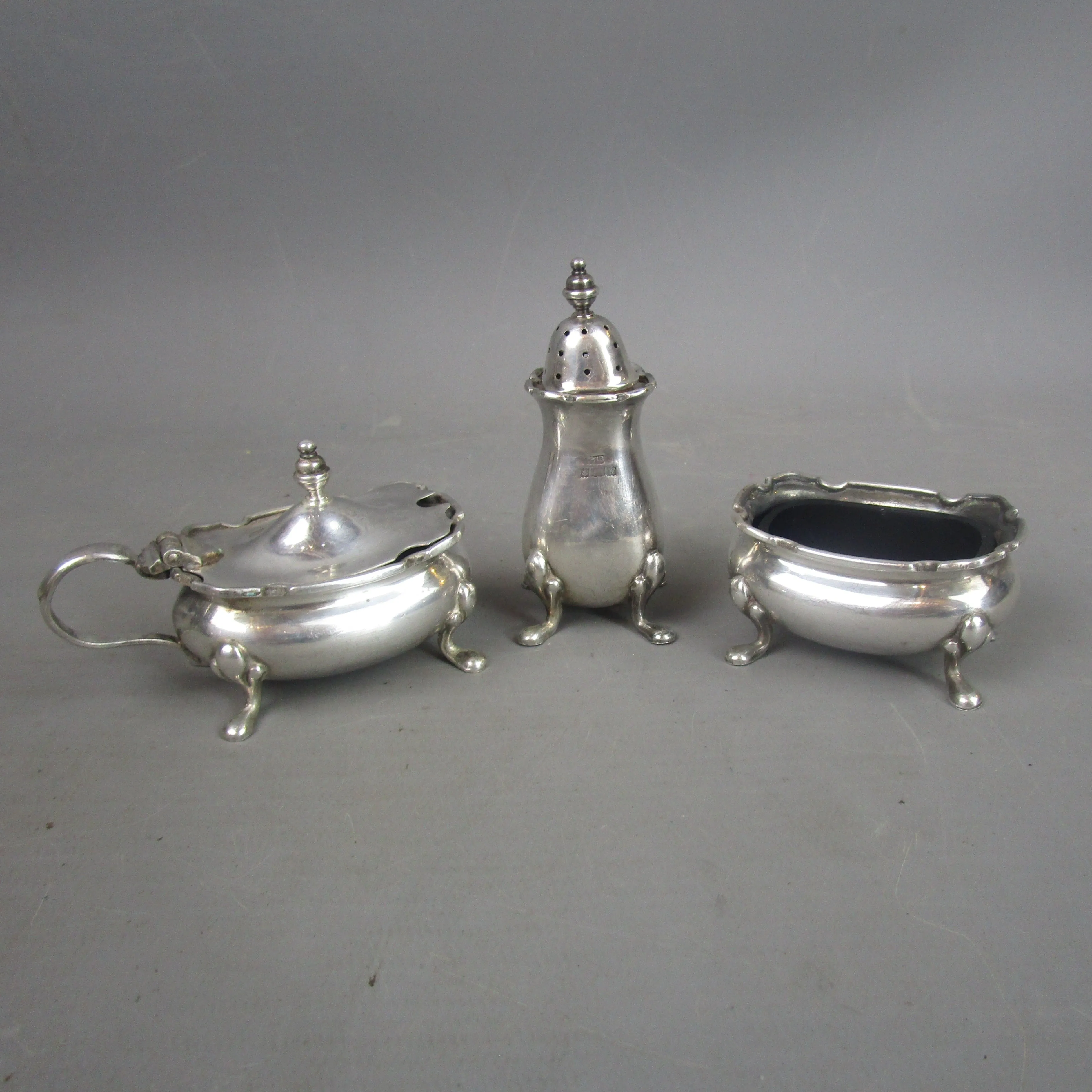 Three Piece Silver & Blue Glass Lined Cruet Set Vintage Birmingham 1971