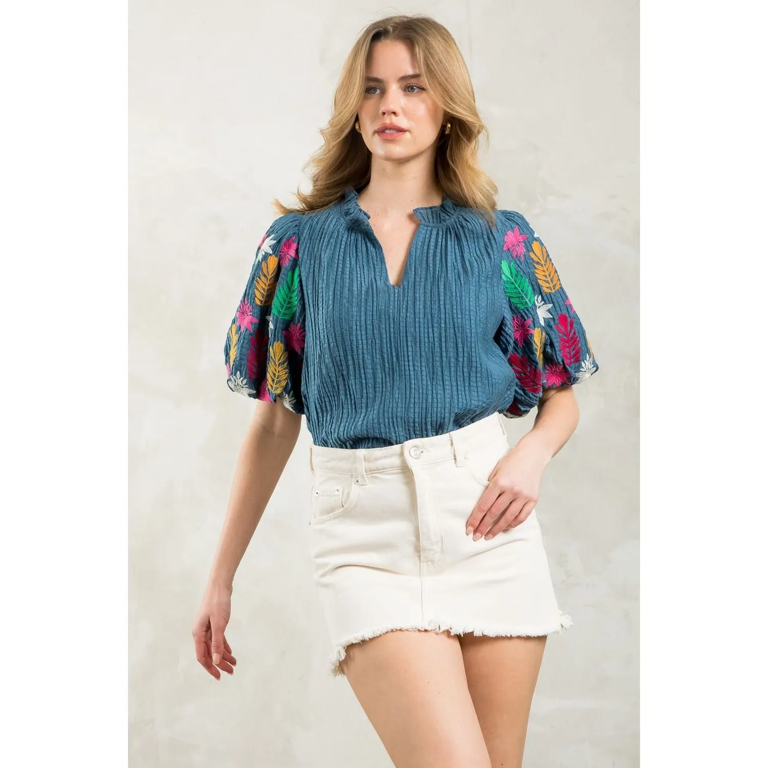 Tisha Embroidered Puff Sleeve THML Top