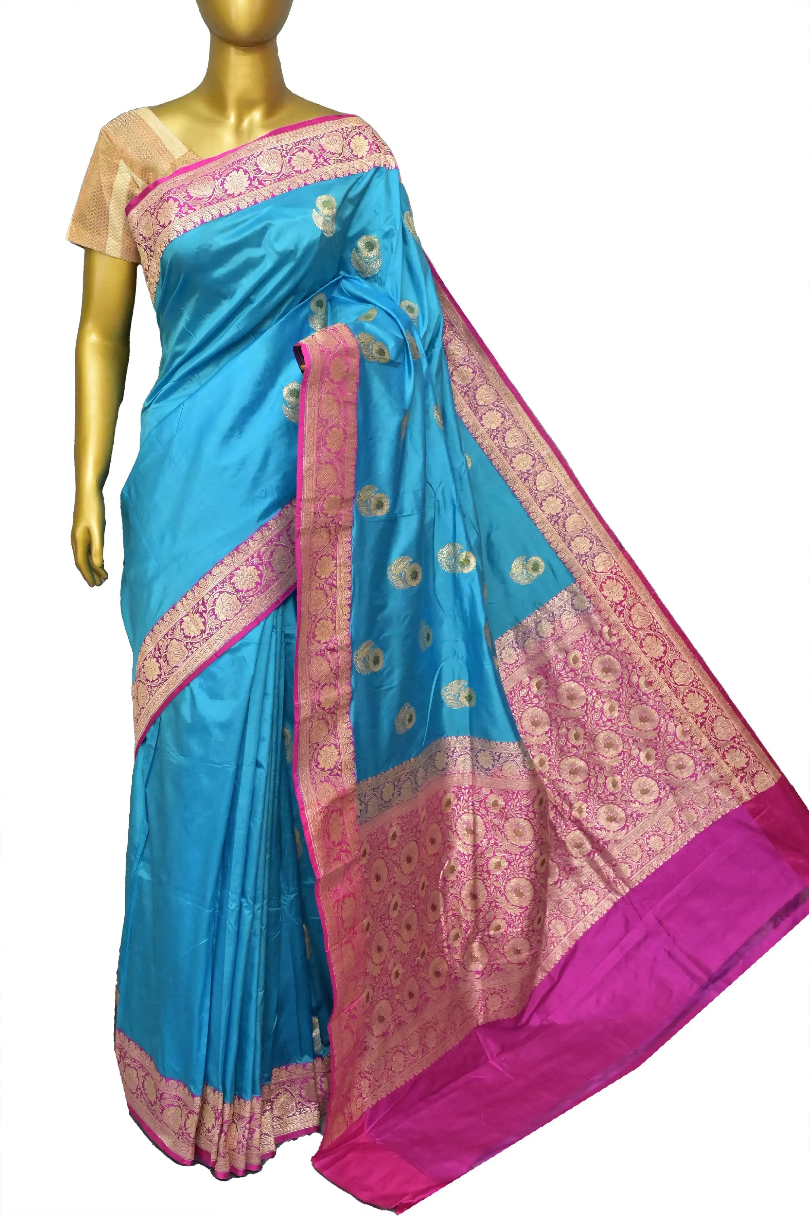 Turquoise Blue and Magenta Color Korial Katan Banarasi Saree with Meenakari Work