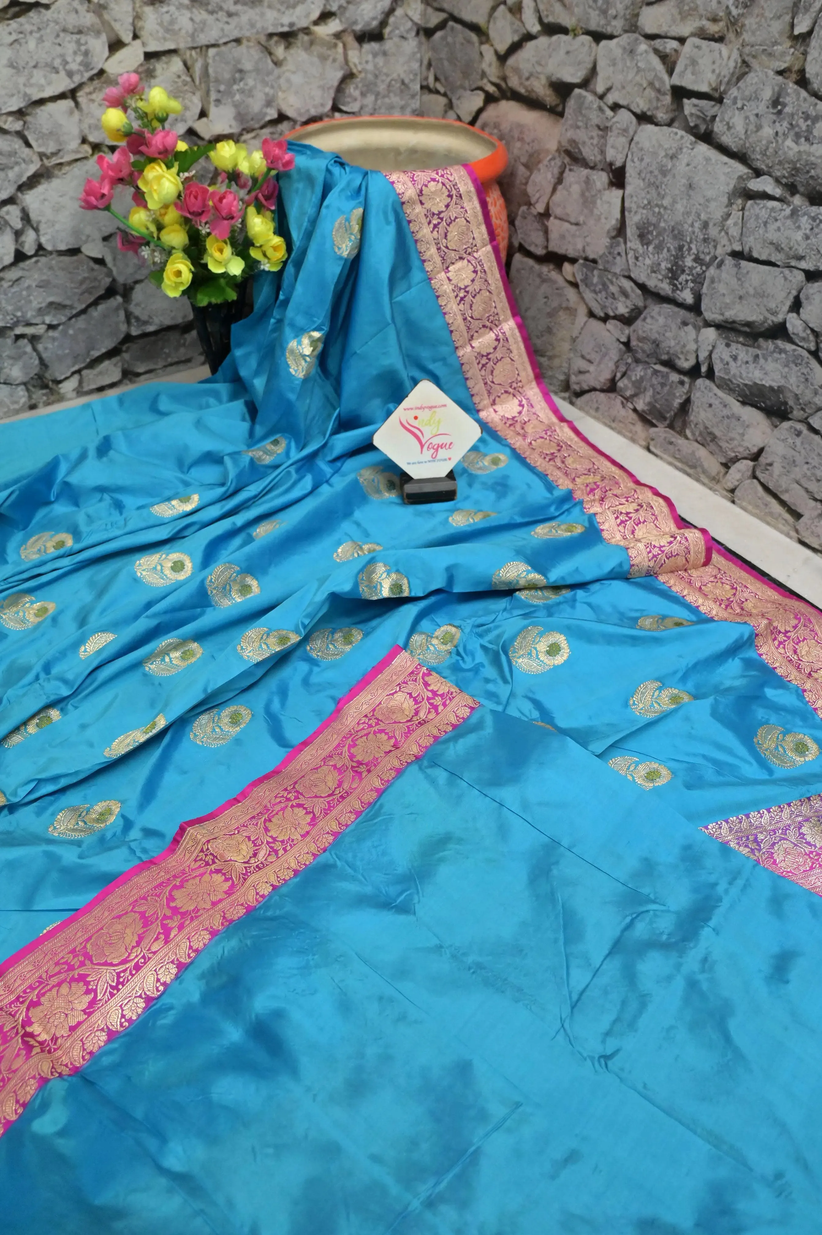 Turquoise Blue and Magenta Color Korial Katan Banarasi Saree with Meenakari Work