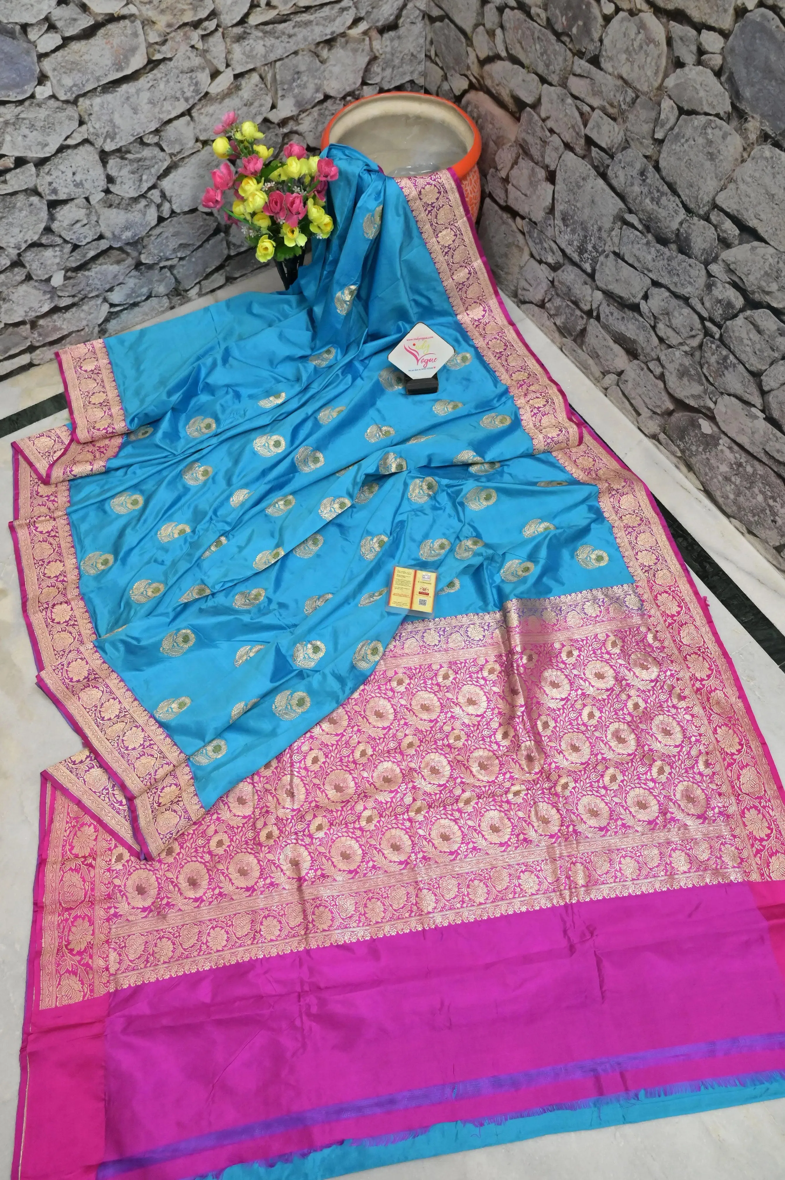 Turquoise Blue and Magenta Color Korial Katan Banarasi Saree with Meenakari Work