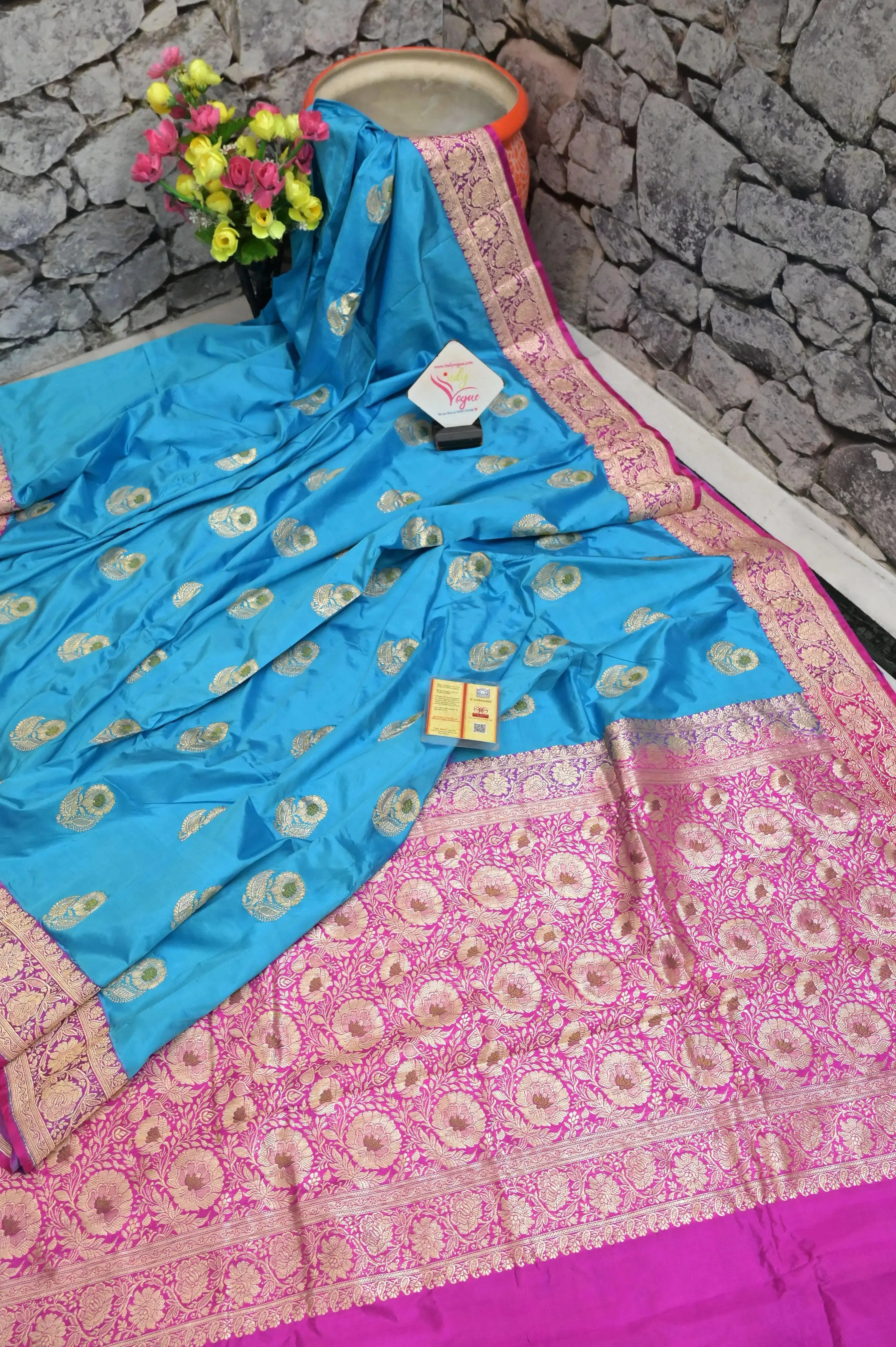 Turquoise Blue and Magenta Color Korial Katan Banarasi Saree with Meenakari Work