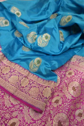 Turquoise Blue and Magenta Color Korial Katan Banarasi Saree with Meenakari Work