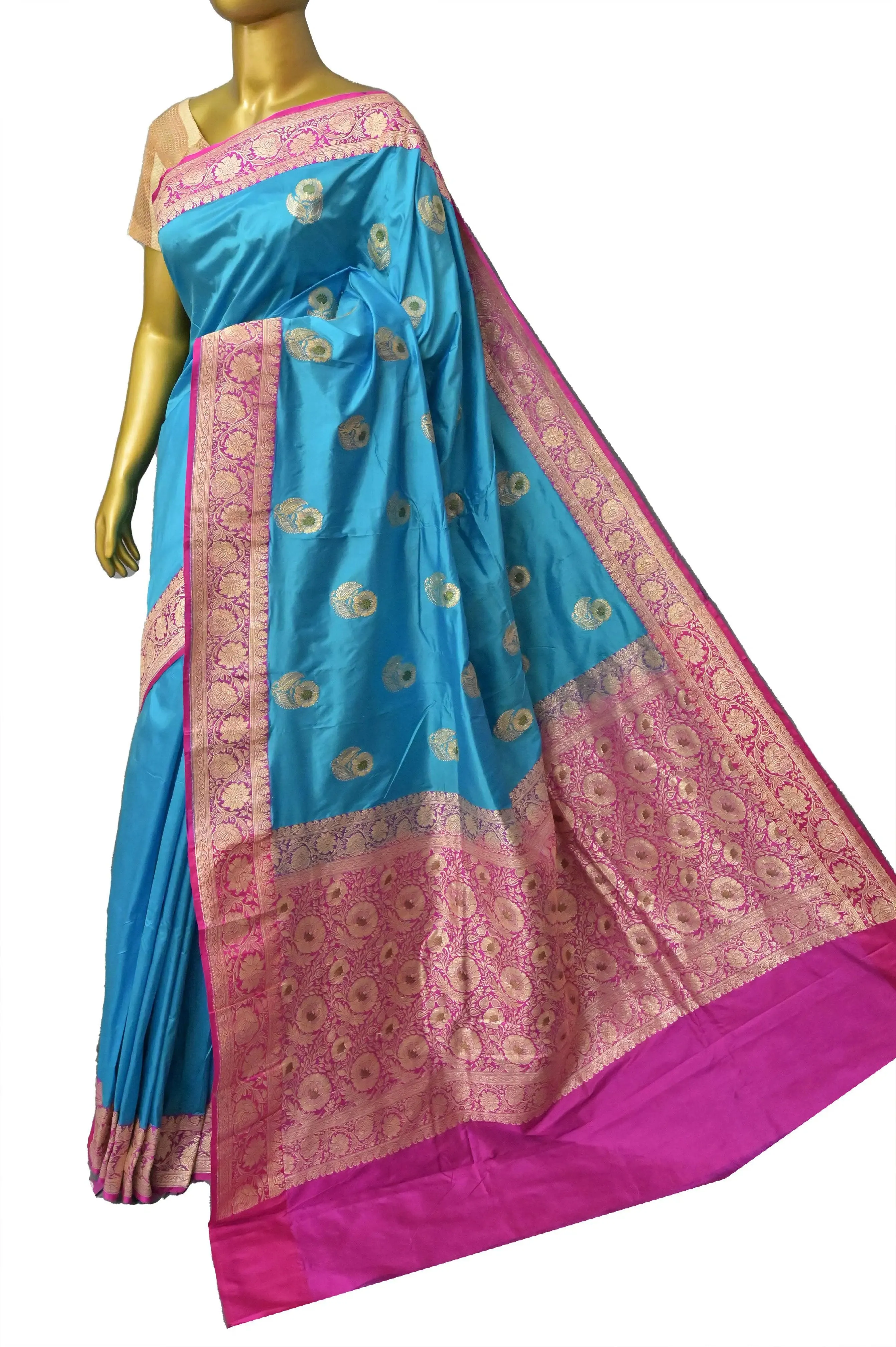 Turquoise Blue and Magenta Color Korial Katan Banarasi Saree with Meenakari Work