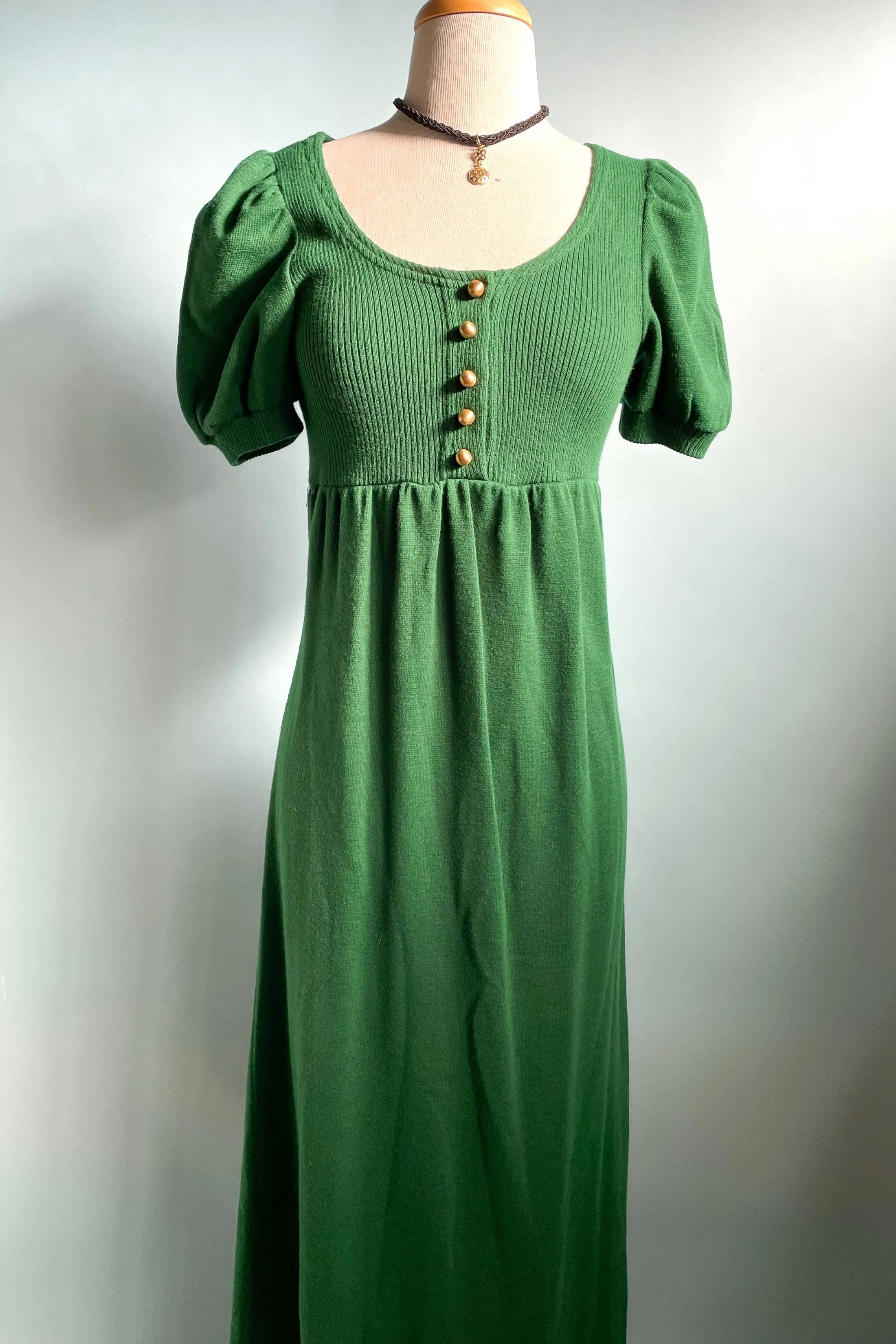 Vintage 60s Kelly Green Knit Maxi Dress, Puff Sleeve Mod Dress XS/S