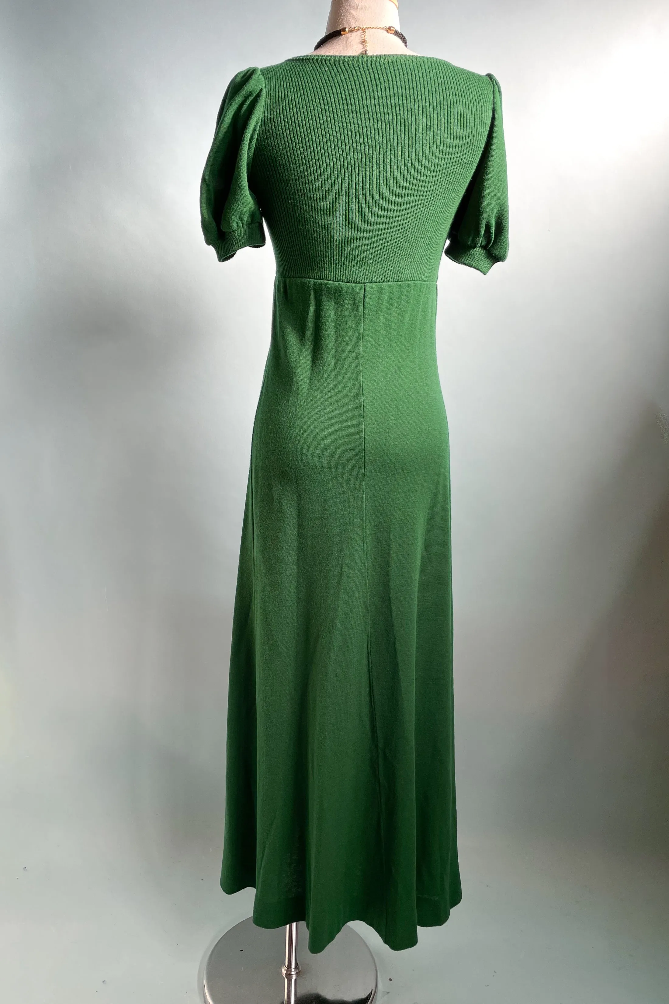 Vintage 60s Kelly Green Knit Maxi Dress, Puff Sleeve Mod Dress XS/S