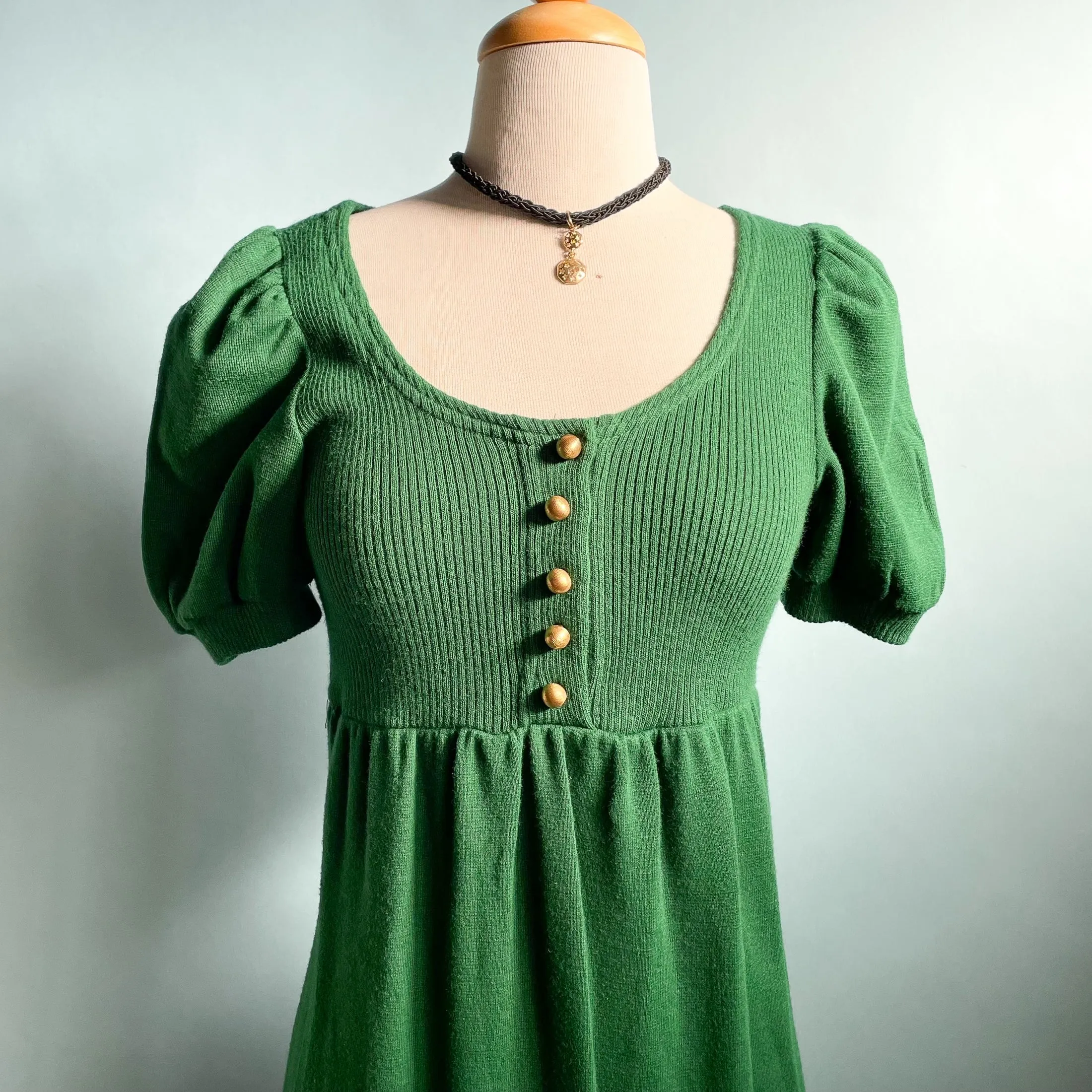 Vintage 60s Kelly Green Knit Maxi Dress, Puff Sleeve Mod Dress XS/S