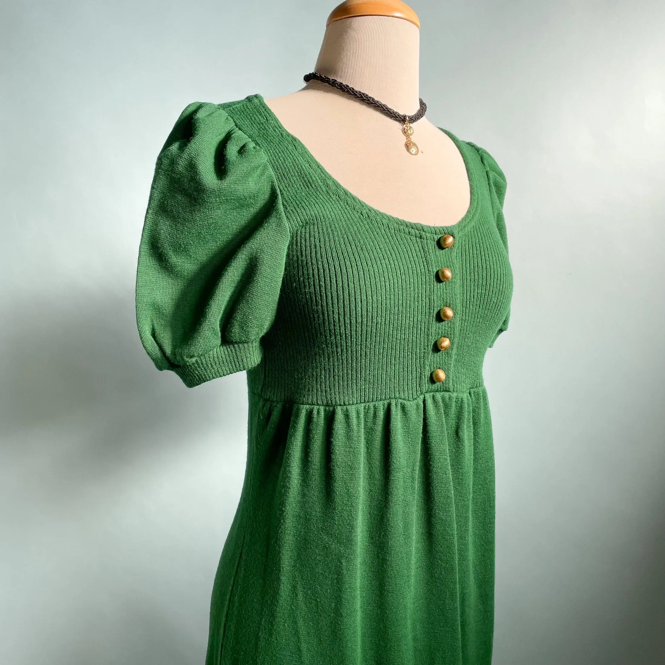 Vintage 60s Kelly Green Knit Maxi Dress, Puff Sleeve Mod Dress XS/S