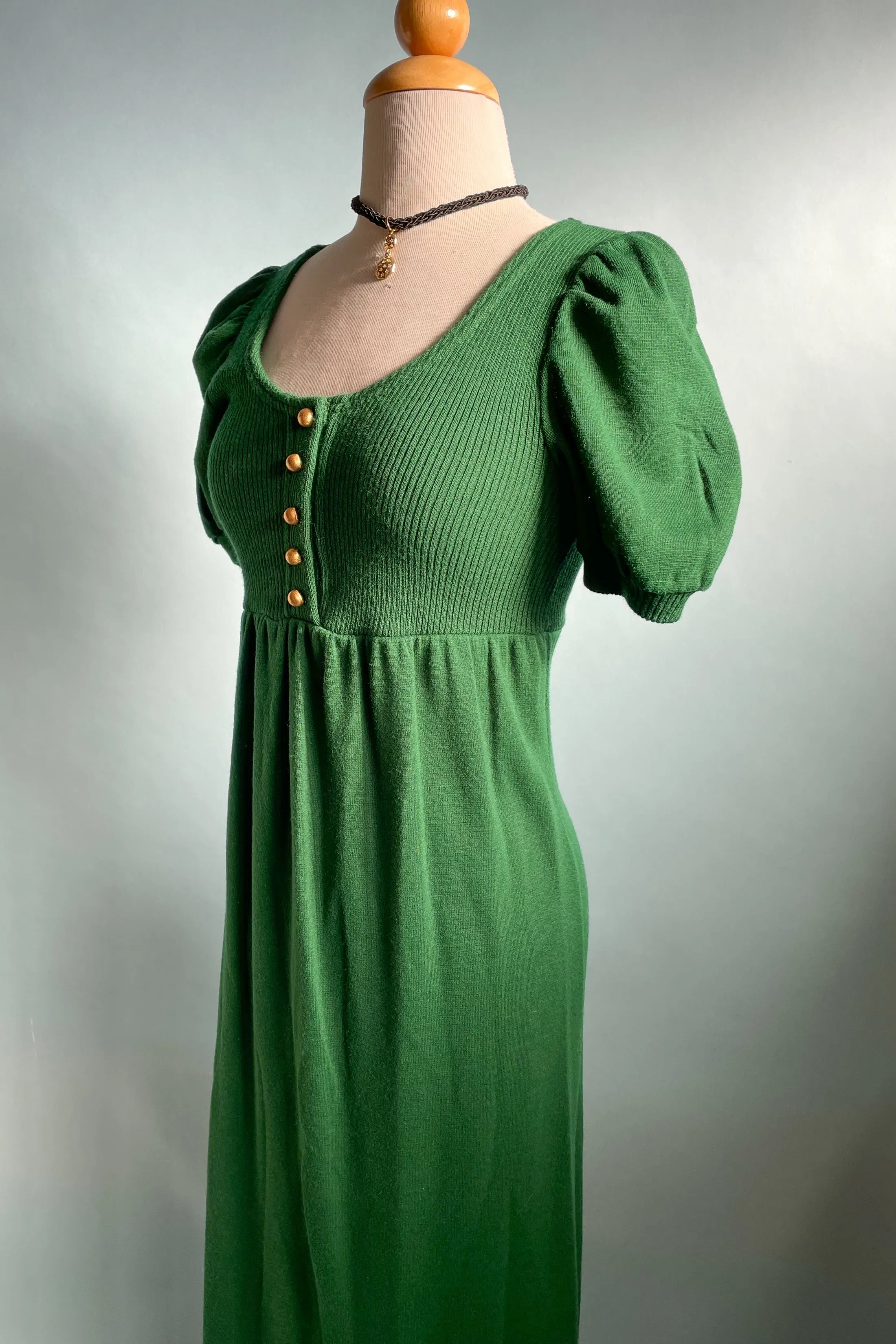 Vintage 60s Kelly Green Knit Maxi Dress, Puff Sleeve Mod Dress XS/S