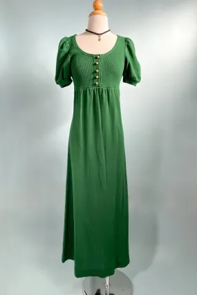 Vintage 60s Kelly Green Knit Maxi Dress, Puff Sleeve Mod Dress XS/S