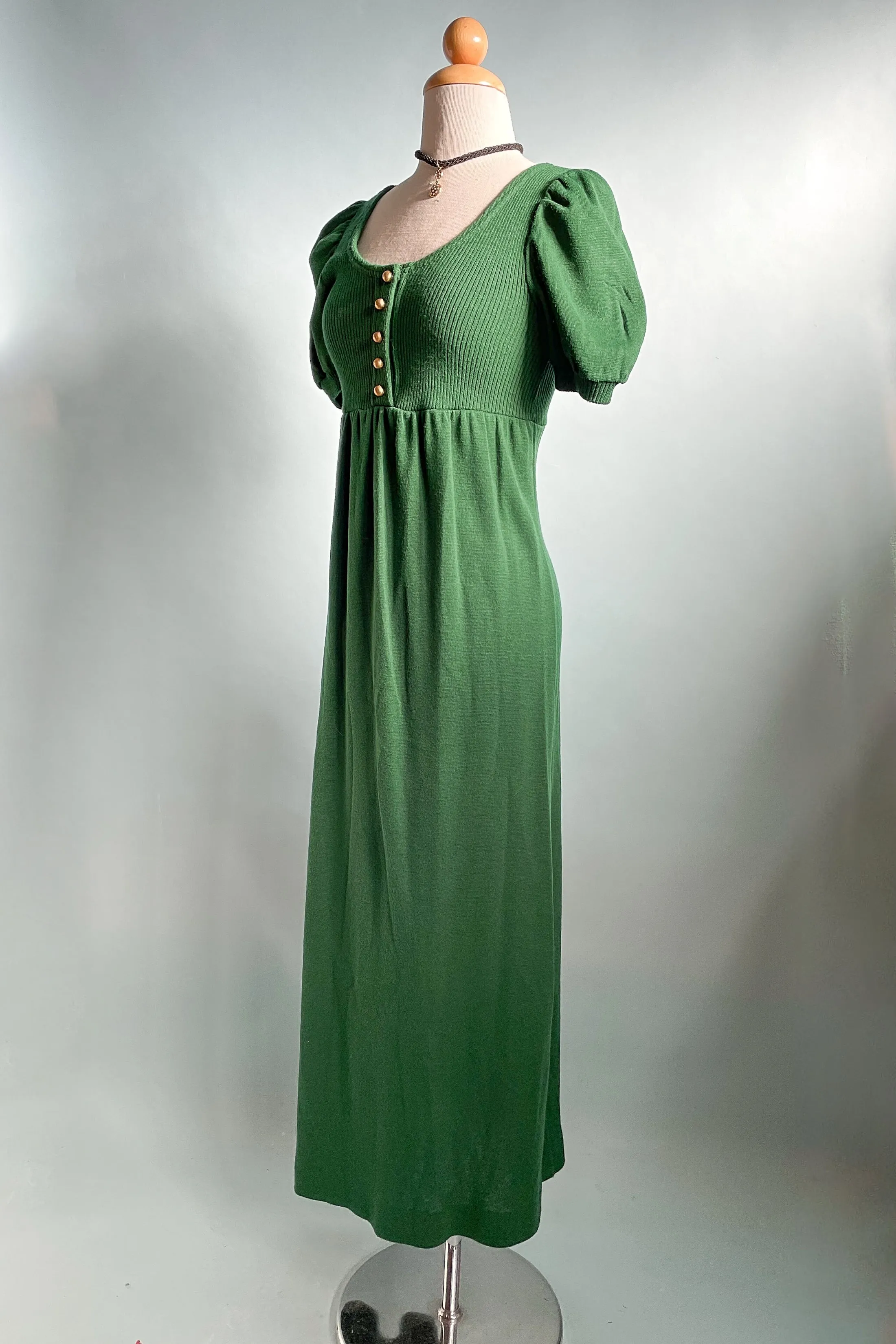 Vintage 60s Kelly Green Knit Maxi Dress, Puff Sleeve Mod Dress XS/S