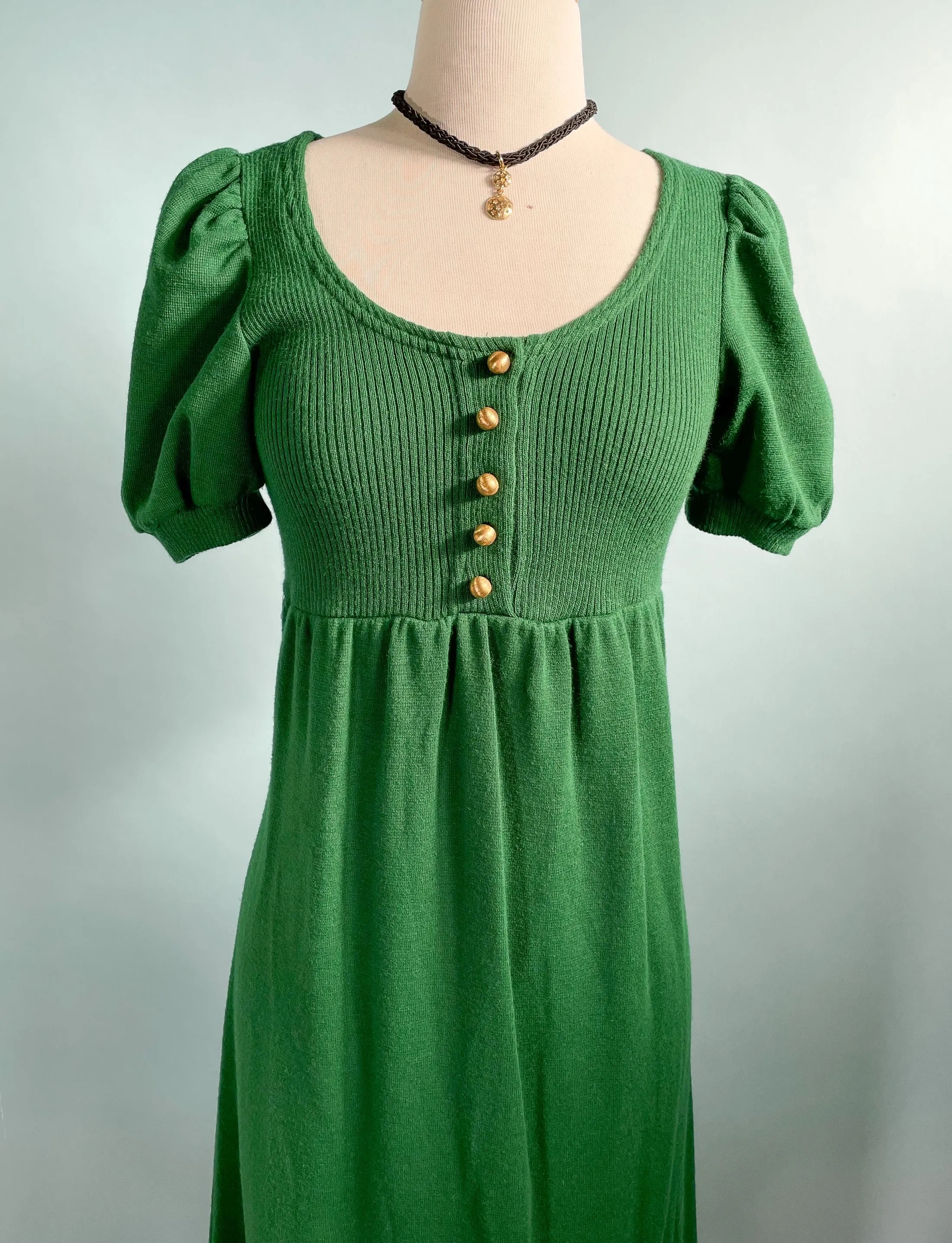 Vintage 60s Kelly Green Knit Maxi Dress, Puff Sleeve Mod Dress XS/S