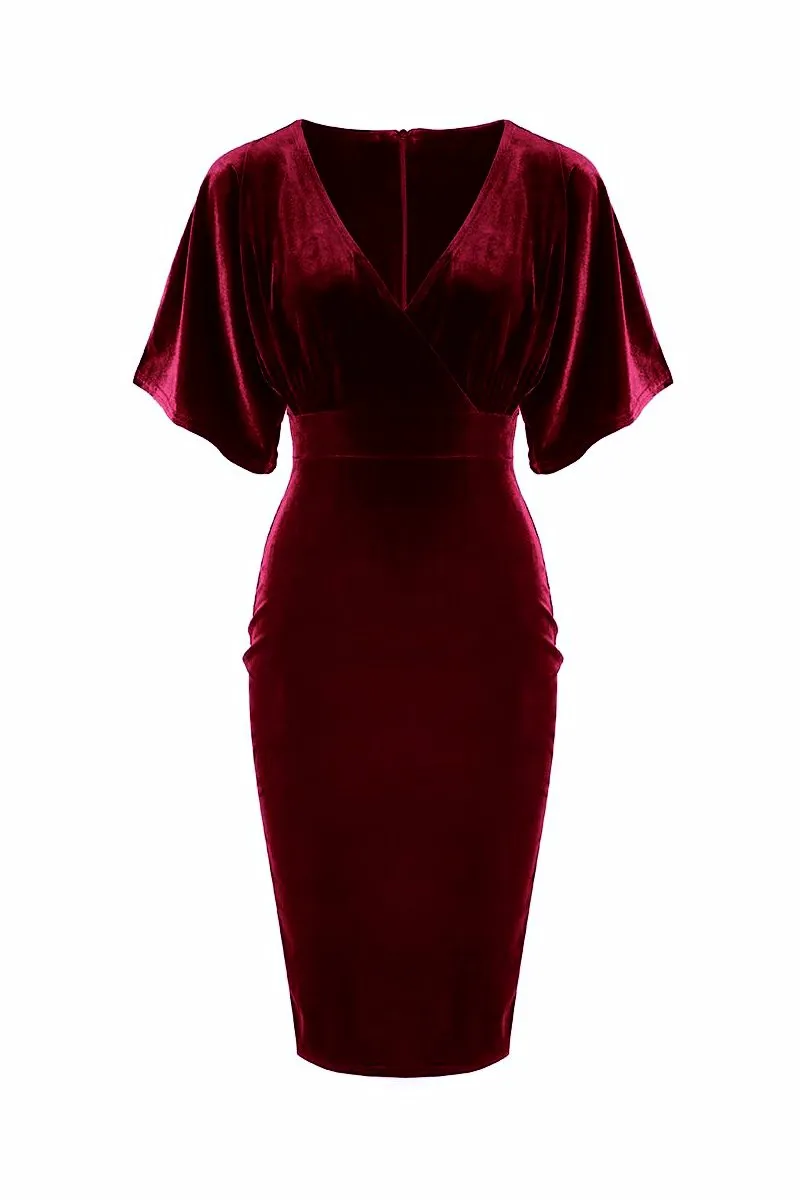 Wine Red Claret Velour Half Batwing Sleeve Crossover Top Wiggle Dress