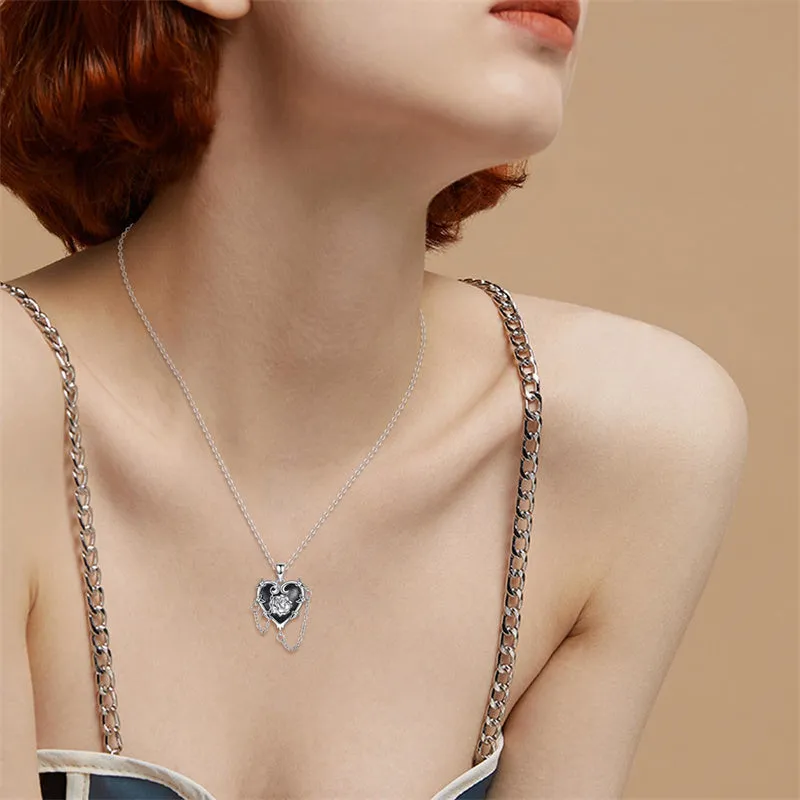 Witches Heart Pendant Necklace 925 Sterling Silver Gothic Jewelry Goth Halloween Gifts for Wome