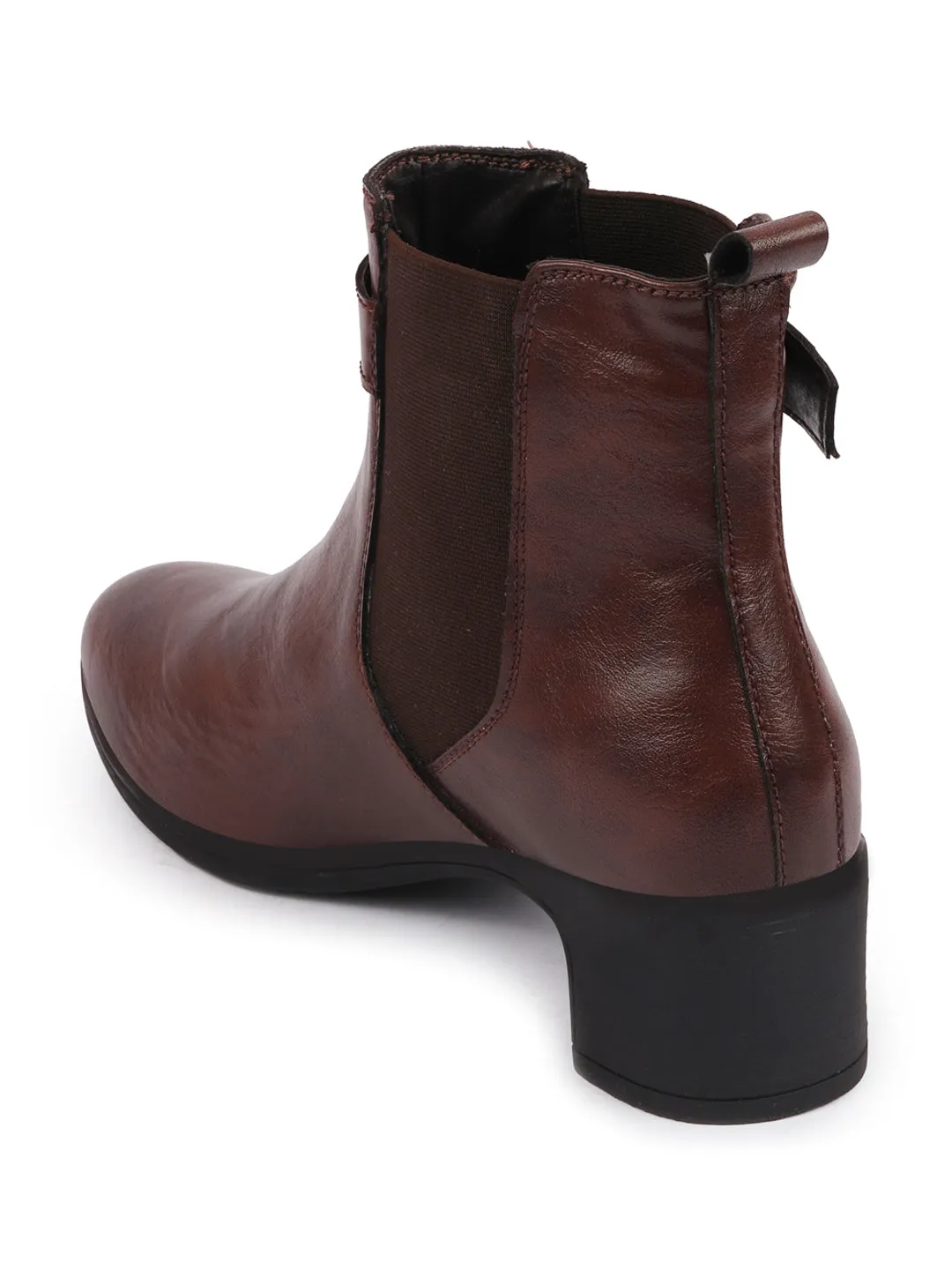 Women Brown Flared Heel High Ankle Classic Winter Buckle Strap Chelsea Boots